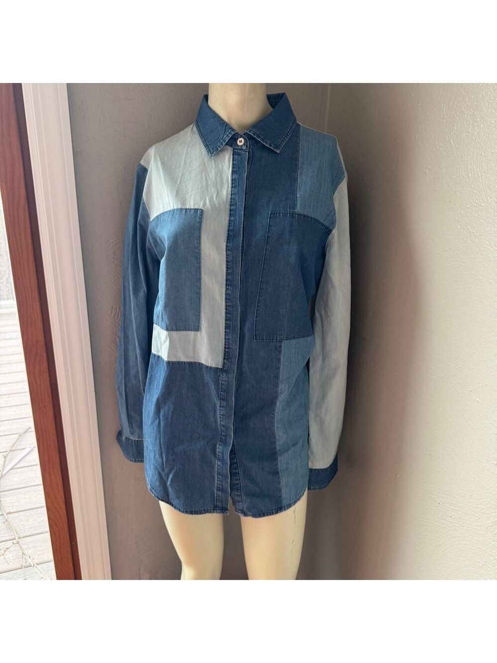 Stellah patchwork denim cotton button up blouse size large